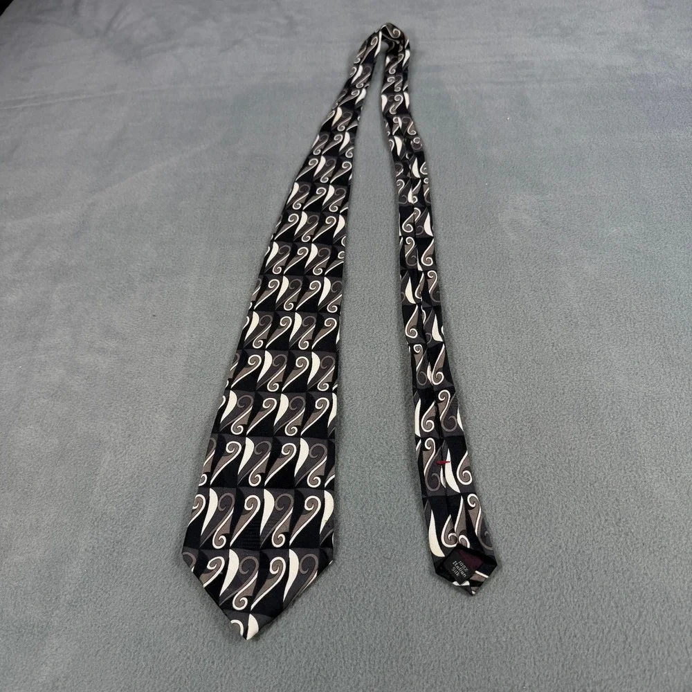 Courreges‎ Homme Mens Silk Necktie Black Grey White Geometric Swirl Italian Silk